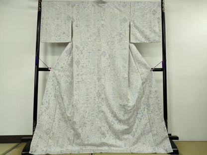 平和屋本店●極上 中国三大刺繍 スワトウ刺繍 相良刺繍 総刺繍 小紋 本場縞大島紬地 花唐草文 白藤色地 反端付きロング丈 逸品 DZAB5689kh6