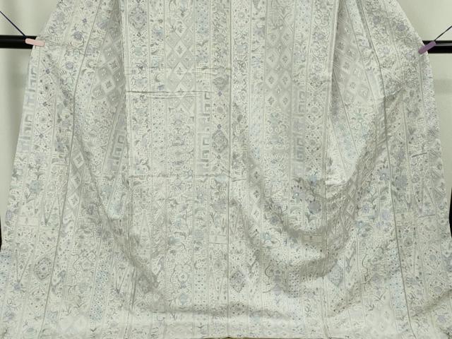 平和屋本店●極上 中国三大刺繍 スワトウ刺繍 相良刺繍 総刺繍 小紋 本場縞大島紬地 花唐草文 白藤色地 反端付きロング丈 逸品 DZAB5689kh6