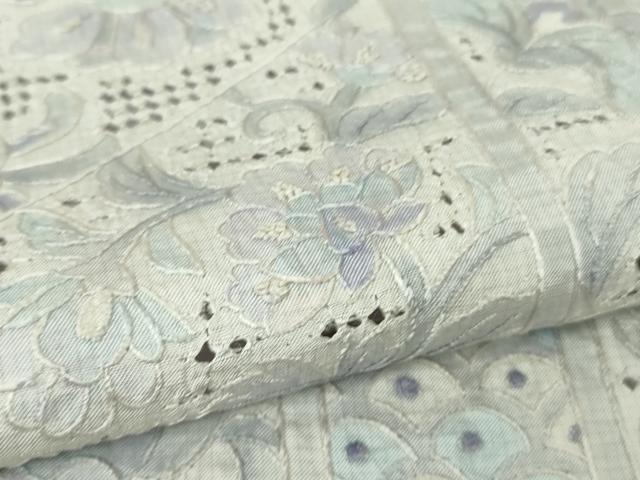 平和屋本店●極上 中国三大刺繍 スワトウ刺繍 相良刺繍 総刺繍 小紋 本場縞大島紬地 花唐草文 白藤色地 反端付きロング丈 逸品 DZAB5689kh6