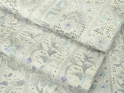 平和屋本店●極上 中国三大刺繍 スワトウ刺繍 相良刺繍 総刺繍 小紋 本場縞大島紬地 花唐草文 白藤色地 反端付きロング丈 逸品 DZAB5689kh6
