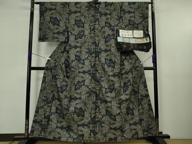 平和屋本店●極上　 伝統工芸士 永長洋一 本場大島紬 十八算 12マルキ 古代染色純泥染 風景文 永長織物 証紙付き 逸品 未使用　DZAB5692kh6