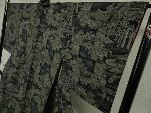 平和屋本店●極上　 伝統工芸士 永長洋一 本場大島紬 十八算 12マルキ 古代染色純泥染 風景文 永長織物 証紙付き 逸品 未使用　DZAB5692kh6