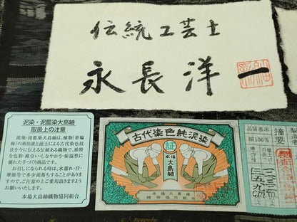 平和屋本店●極上　 伝統工芸士 永長洋一 本場大島紬 十八算 12マルキ 古代染色純泥染 風景文 永長織物 証紙付き 逸品 未使用　DZAB5692kh6