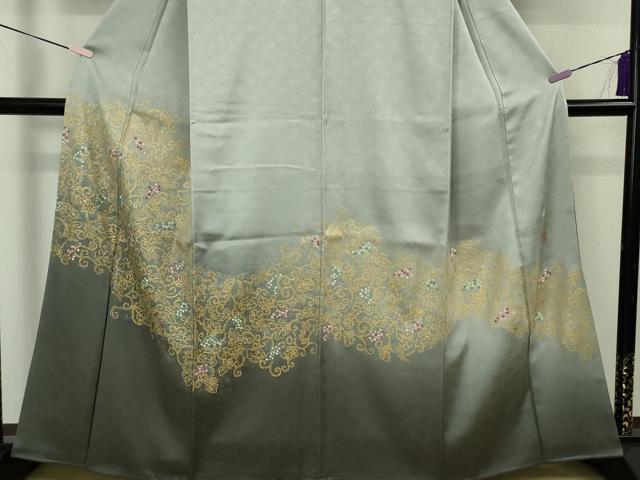 平和屋本店●極上　人間国宝　福田喜三郎　色留訪問着　刺繍　葡萄唐草文　灰青色地　暈し染め　金彩　逸品　DZAB5696kh6
