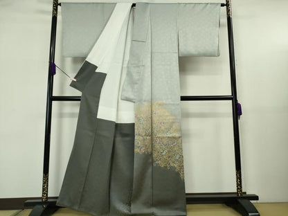 平和屋本店●極上　人間国宝　福田喜三郎　色留訪問着　刺繍　葡萄唐草文　灰青色地　暈し染め　金彩　逸品　DZAB5696kh6