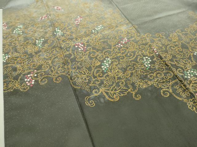 平和屋本店●極上　人間国宝　福田喜三郎　色留訪問着　刺繍　葡萄唐草文　灰青色地　暈し染め　金彩　逸品　DZAB5696kh6