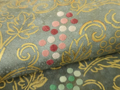 平和屋本店●極上　人間国宝　福田喜三郎　色留訪問着　刺繍　葡萄唐草文　灰青色地　暈し染め　金彩　逸品　DZAB5696kh6