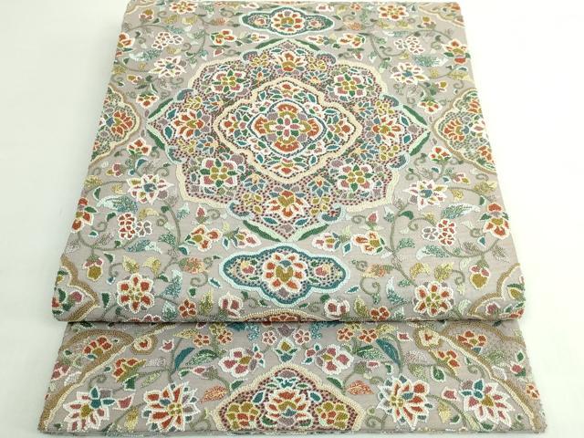 平和屋本店●極上　中国三大刺繍　相良刺繍　総刺繍　全通柄袋帯　正倉院花唐草　金糸　絹鼠色地　逸品　DZAB5709kh6
