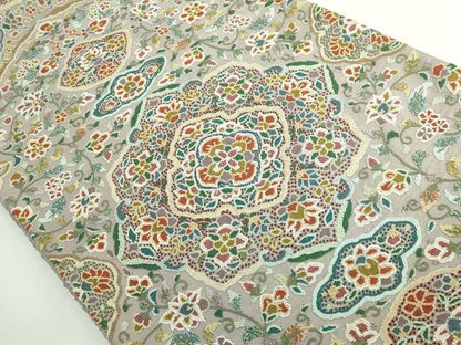 平和屋本店●極上　中国三大刺繍　相良刺繍　総刺繍　全通柄袋帯　正倉院花唐草　金糸　絹鼠色地　逸品　DZAB5709kh6