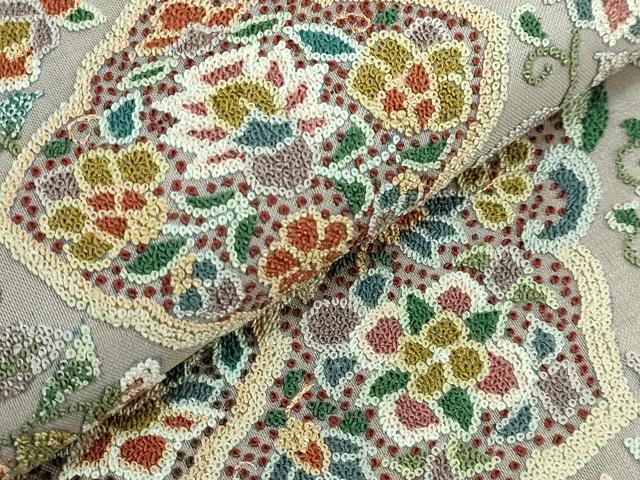 平和屋本店●極上　中国三大刺繍　相良刺繍　総刺繍　全通柄袋帯　正倉院花唐草　金糸　絹鼠色地　逸品　DZAB5709kh6