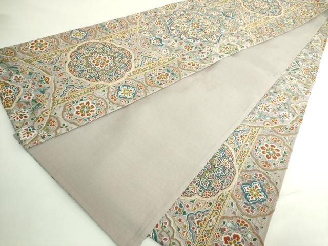 平和屋本店●極上　中国三大刺繍　相良刺繍　総刺繍　全通柄袋帯　正倉院花唐草　金糸　絹鼠色地　逸品　DZAB5709kh6