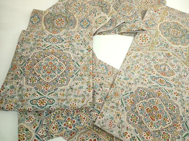 平和屋本店●極上　中国三大刺繍　相良刺繍　総刺繍　全通柄袋帯　正倉院花唐草　金糸　絹鼠色地　逸品　DZAB5709kh6