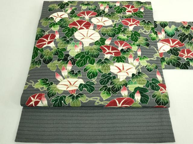 平和屋本店＊極上 夏物 九寸名古屋帯 絽縮緬 朝顔 金彩 薄い藍墨茶色地 逸品 DZAB5718kh6