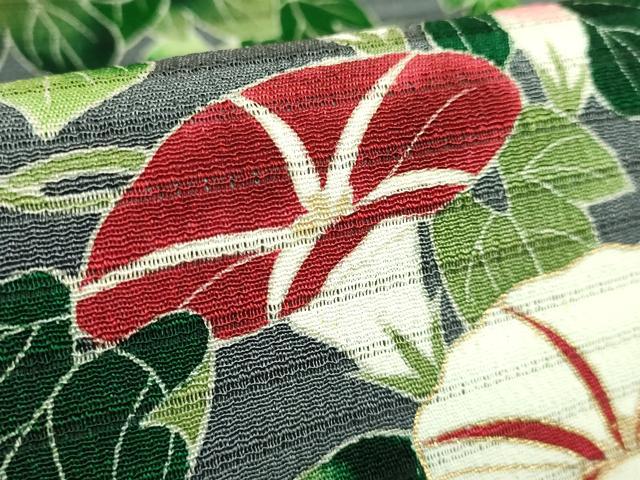 平和屋本店＊極上 夏物 九寸名古屋帯 絽縮緬 朝顔 金彩 薄い藍墨茶色地 逸品 DZAB5718kh6