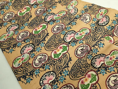 平和屋本店●極上　琉球紅型　九寸名古屋帯　紬地　染さくはら　流水花鳥文　飴色地　反端付き　逸品　DZAB5725kh6
