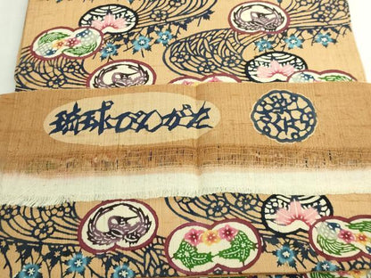 平和屋本店●極上　琉球紅型　九寸名古屋帯　紬地　染さくはら　流水花鳥文　飴色地　反端付き　逸品　DZAB5725kh6