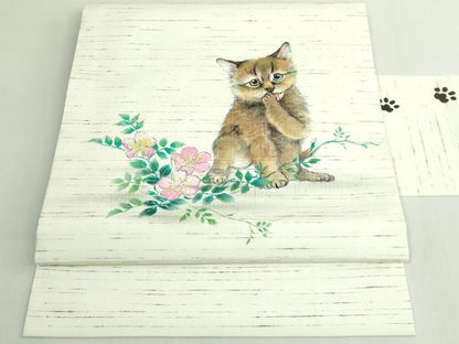 平和屋着物●極上　九寸名古屋帯　紬地　手描き　猫　逸品　DZAB5736kh6