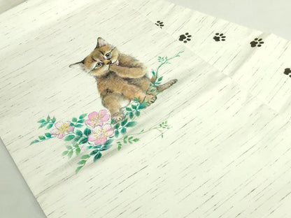 平和屋着物●極上　九寸名古屋帯　紬地　手描き　猫　逸品　DZAB5736kh6