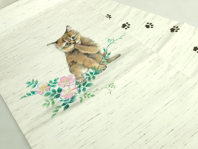 平和屋着物●極上　九寸名古屋帯　紬地　手描き　猫　逸品　DZAB5736kh6