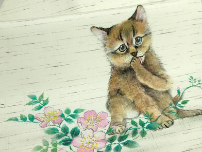 平和屋着物●極上　九寸名古屋帯　紬地　手描き　猫　逸品　DZAB5736kh6