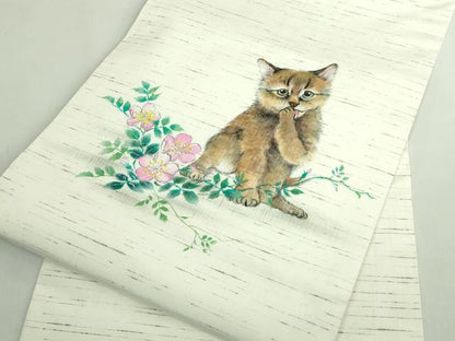 平和屋着物●極上　九寸名古屋帯　紬地　手描き　猫　逸品　DZAB5736kh6