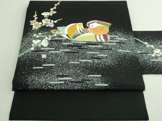 平和屋着物●極上　人間国宝・羽田登喜男　九寸名古屋帯　鴛鴦花文　黒地　金銀彩　鬼しぼ縮緬　逸品　DZAB5738kh6