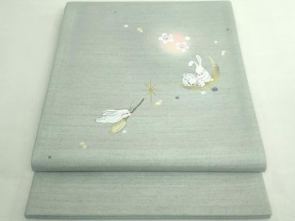 平和屋着物●極上　日本画家　濡れ描き友禅作家　高橋峰陵　太鼓柄袋帯　紬地　手描　花兎　三日月　金彩　さが美扱い　逸品　DZAB5746kh6