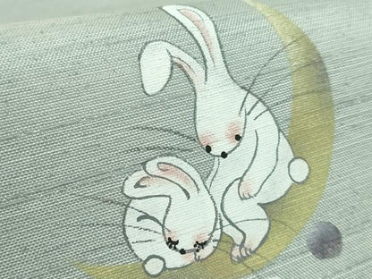 平和屋着物●極上　日本画家　濡れ描き友禅作家　高橋峰陵　太鼓柄袋帯　紬地　手描　花兎　三日月　金彩　さが美扱い　逸品　DZAB5746kh6