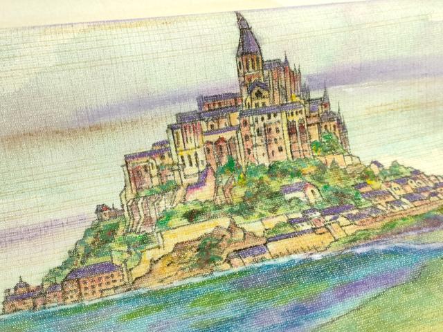平和屋着物●極上　ユネスコ世界遺産表現作家　白川丈山　太鼓柄袋帯　手描き　モンサン・ミッシェル　金通し地 反端付き 逸品 DZAB5774kh6
