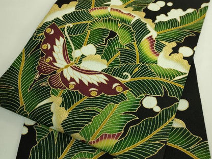 平和屋本店●超希少　東京友禅　久呂田明功　九寸開き名古屋帯　舞蝶文　雪持ち　黒地　金彩　鬼しぼ縮緬　逸品　DZAB5781kh6