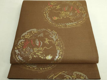 平和屋着物●極上　六通柄袋帯　紬地　龍　金銀糸　茶色地　逸品　DZAB5783kh6