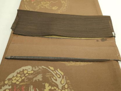 平和屋着物●極上　六通柄袋帯　紬地　龍　金銀糸　茶色地　逸品　DZAB5783kh6