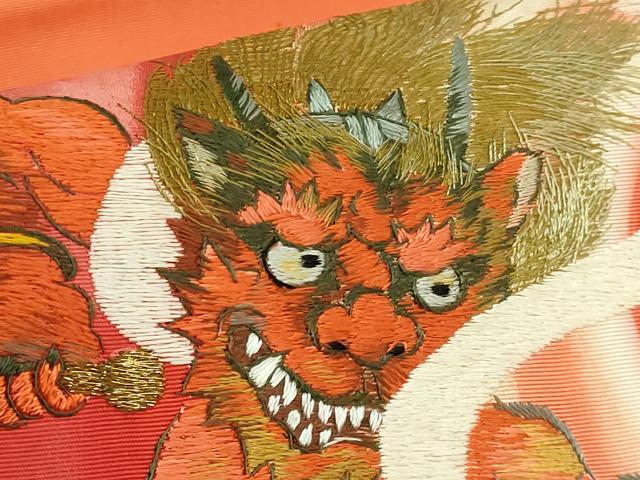 平和屋着物●極上　塩瀬　九寸名古屋帯　刺繍　雷神　金糸　逸品　DZAB5784kh6