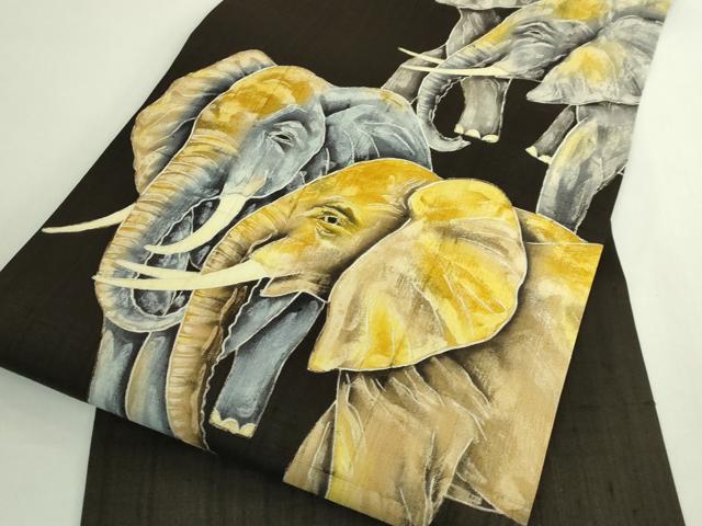 平和屋本店●極上　九寸開き名古屋帯　生紬地　手描き　象　憲法黒茶色地　逸品　DZAB5786kh6