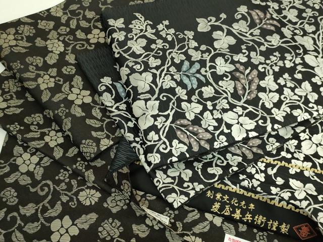 平和屋本店●極上　西陣　木野織物　菱屋善兵衛謹製　両面　六通柄袋帯　蔦の葉文　花唐草　黒地　逸品　DZAB5788kh6