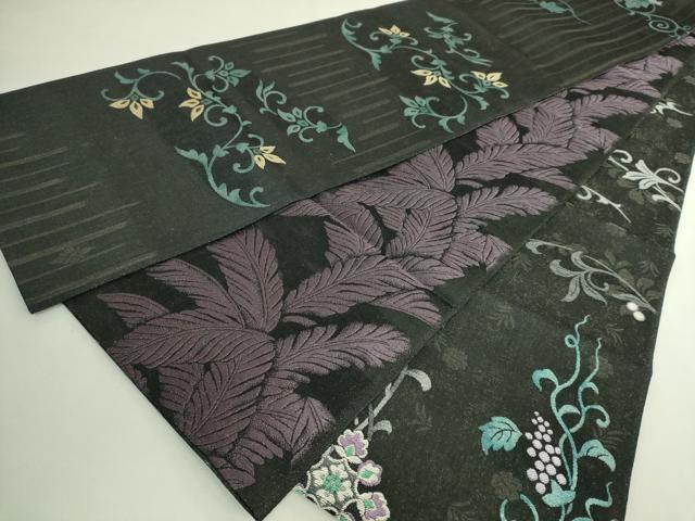 平和屋着物▽両面　全通柄袋帯　スリーシーズン　春夏秋　葡萄蔦の葉花文　幾何学文様　正絹　逸品　DABD6668cm 平和屋着物○極上 両面 スリーシーズン 春夏秋 全通柄袋帯 雪輪