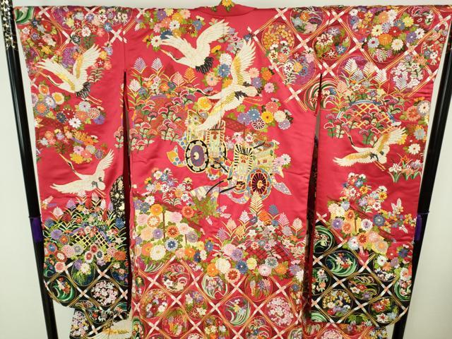 平和屋本店●最高級 中国三大刺繍 相良刺繍 駒刺繍 色打掛 和装 婚礼 結婚式 花嫁 神社挙式 飛鶴天井花車文 金糸 逸品 未使用 DZAB5801kh6