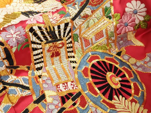 平和屋本店●最高級 中国三大刺繍 相良刺繍 駒刺繍 色打掛 和装 婚礼 結婚式 花嫁 神社挙式 飛鶴天井花車文 金糸 逸品 未使用 DZAB5801kh6