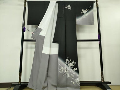 平和屋本店●極上　訪問着　花唐草文　黒地　暈し染め　金銀彩　反端付き　逸品　未使用　DZAB5806kh6