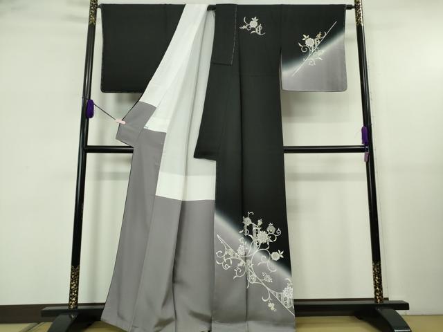 平和屋本店●極上　訪問着　花唐草文　黒地　暈し染め　金銀彩　反端付き　逸品　未使用　DZAB5806kh6