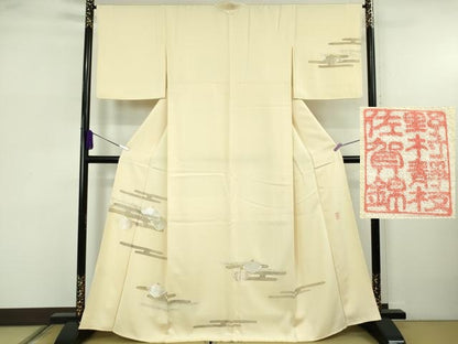 平和屋本店●希少　皇室献上作家　野村静枝　佐賀錦　訪問着　エ霞松葉文　鳥の子色地　金銀糸　反端付き　逸品　未使用　DZAB5808kh6