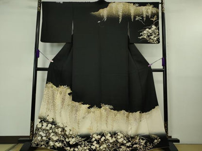 平和屋本店●極上　訪問着　駒刺繍　藤花房　秋草文　黒地　暈し染め　金彩　逸品　DZAB5810kh6