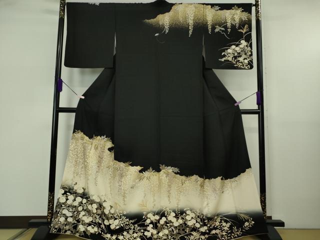 平和屋本店●極上　訪問着　駒刺繍　藤花房　秋草文　黒地　暈し染め　金彩　逸品　DZAB5810kh6