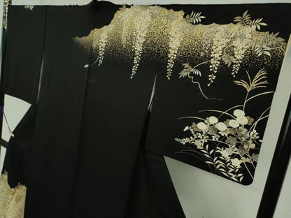 平和屋本店●極上　訪問着　駒刺繍　藤花房　秋草文　黒地　暈し染め　金彩　逸品　DZAB5810kh6