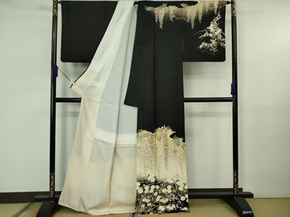 平和屋本店●極上　訪問着　駒刺繍　藤花房　秋草文　黒地　暈し染め　金彩　逸品　DZAB5810kh6
