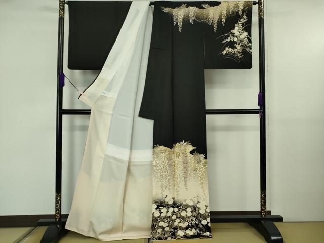 平和屋本店●極上　訪問着　駒刺繍　藤花房　秋草文　黒地　暈し染め　金彩　逸品　DZAB5810kh6