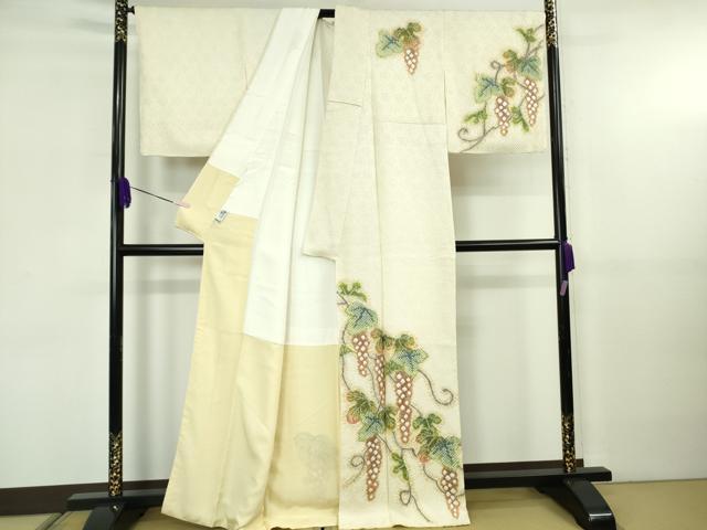 平和屋本店●極上　名門　藤娘きぬたや・総絞り　訪問着　葡萄蔦の葉文　象牙色地　落款有り　反端付き　逸品　DZAB5817kh6