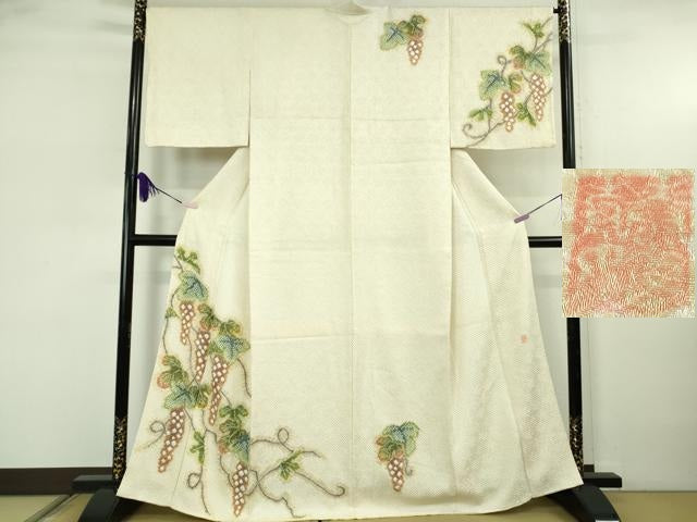 平和屋本店●極上　名門　藤娘きぬたや・総絞り　訪問着　葡萄蔦の葉文　象牙色地　落款有り　反端付き　逸品　DZAB5817kh6