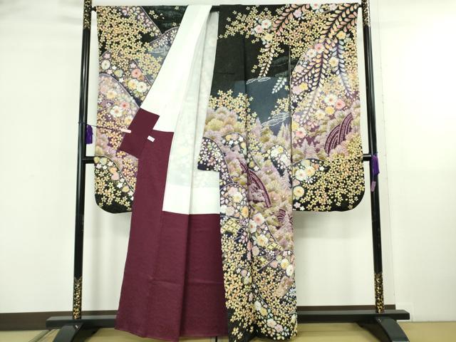 平和屋本店●極上　越後十日町の一流染匠　桐屋・翠山工房　振袖　辻が花　黒地　暈し染め　金彩　金通し地　逸品　DZAB5818kh6