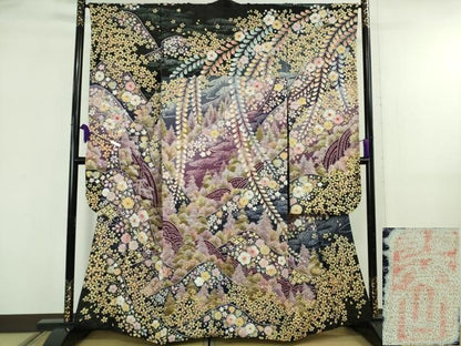 平和屋本店●極上　越後十日町の一流染匠　桐屋・翠山工房　振袖　辻が花　黒地　暈し染め　金彩　金通し地　逸品　DZAB5818kh6